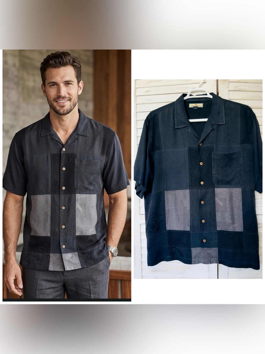Tommy Bahama Men's Black Silk Patchwork Floral Tropical Shirt Sz Large